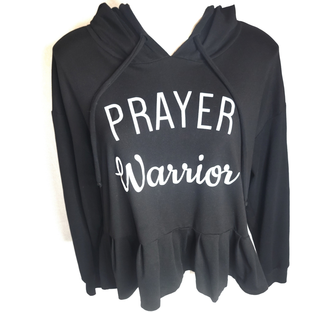 Christian Prayer Warrior Black Hooded Peplum Sweatshirt size Medium